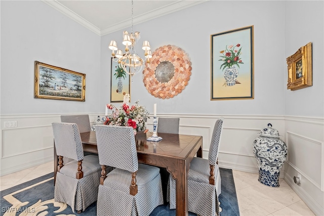 tiled dining area featuring a chandelier and crown molding