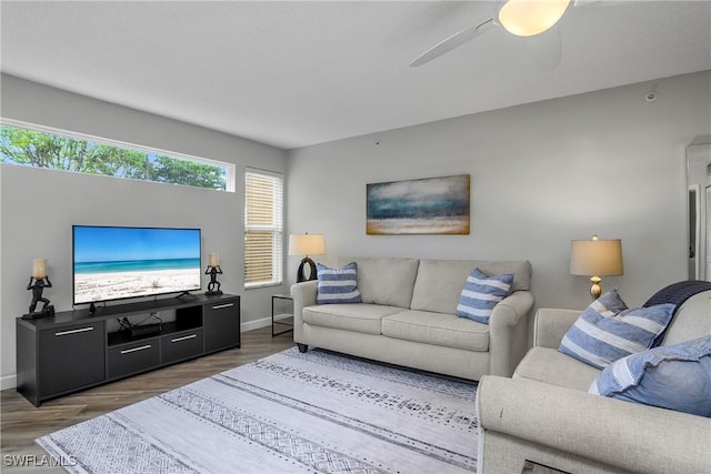 living room featuring dark hardwood / wood-style floors and ceiling fan