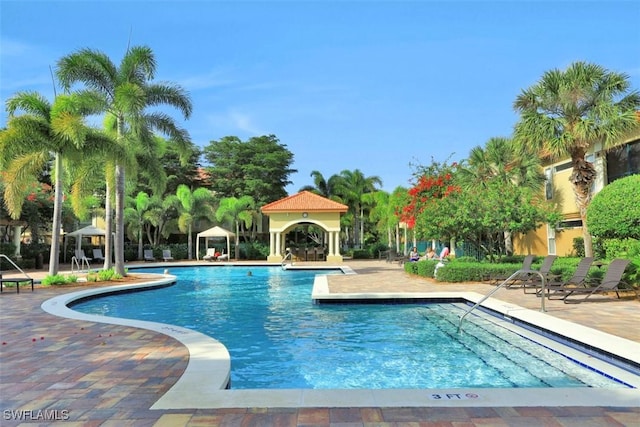 view of pool with a gazebo and a patio