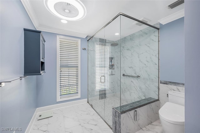 bathroom with toilet, a shower with door, and crown molding