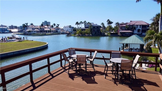 dock area with a gazebo, a water view, and a residential view