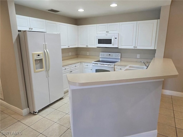 kitchen with white cabinetry, kitchen peninsula, white appliances, light tile patterned flooring, and sink