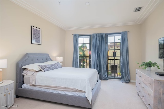 bedroom with light colored carpet, ornamental molding, and access to outside