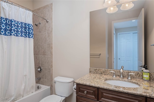 full bathroom with toilet, vanity, and shower / bath combination with curtain