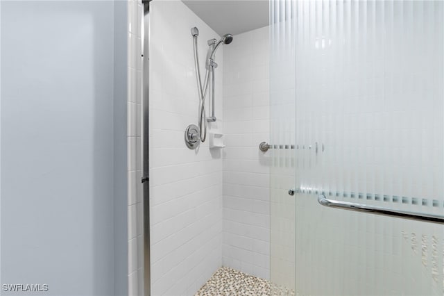 bathroom featuring a shower with door