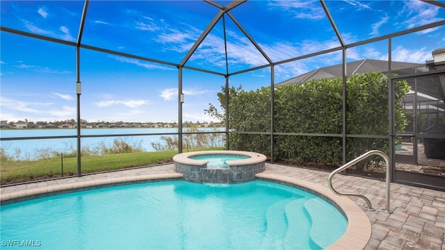 view of swimming pool featuring a water view, an outdoor hot tub, a patio, and glass enclosure