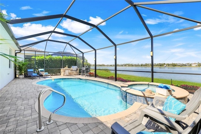 view of pool with a patio, a water view, a lanai, and a pool with connected hot tub