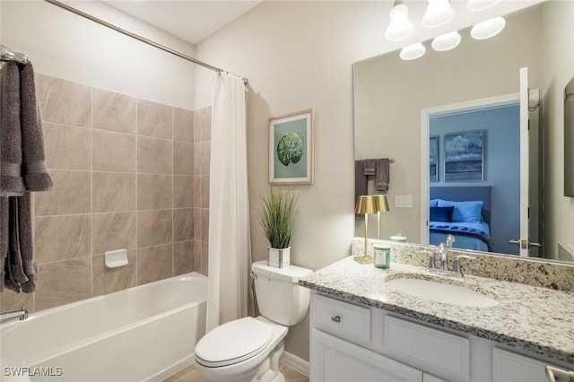 bathroom with toilet, ensuite bath, shower / tub combo with curtain, and vanity