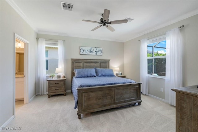 bedroom featuring light carpet, ornamental molding, visible vents, and baseboards