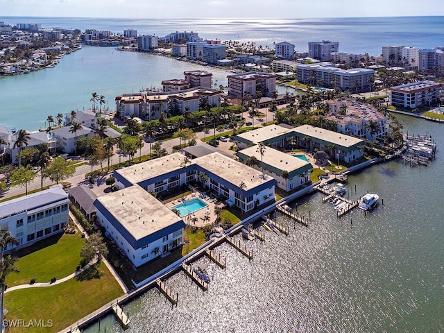 drone / aerial view featuring a water view