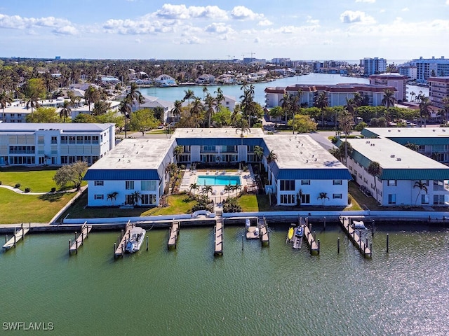 aerial view featuring a water view