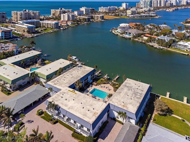 birds eye view of property featuring a water view