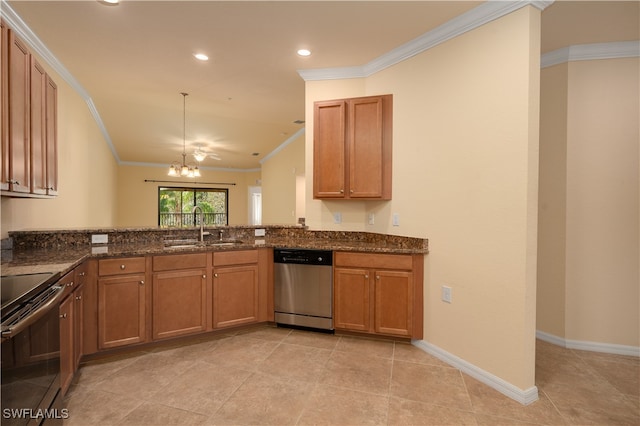 kitchen with a notable chandelier, sink, black range with electric cooktop, stainless steel dishwasher, and crown molding