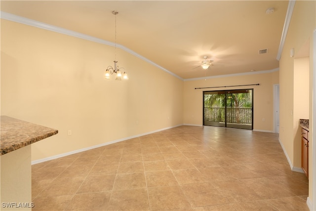 unfurnished living room featuring ceiling fan with notable chandelier, lofted ceiling, and crown molding