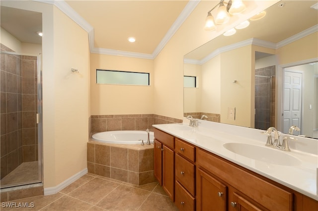 bathroom featuring independent shower and bath, tile patterned flooring, and crown molding