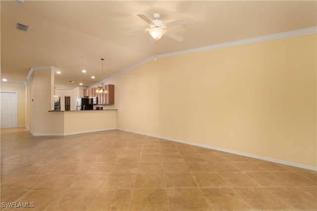 unfurnished living room featuring lofted ceiling, ceiling fan with notable chandelier, light tile patterned floors, and crown molding