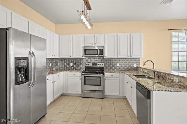 kitchen featuring sink, hanging light fixtures, stainless steel appliances, white cabinets, and kitchen peninsula