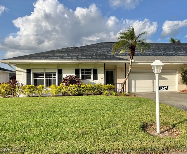 ranch-style home with a garage and a front lawn