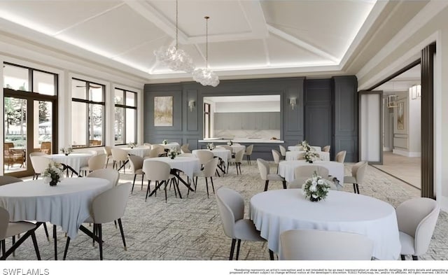 dining space featuring an inviting chandelier and coffered ceiling