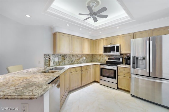 kitchen with a tray ceiling, kitchen peninsula, sink, and appliances with stainless steel finishes