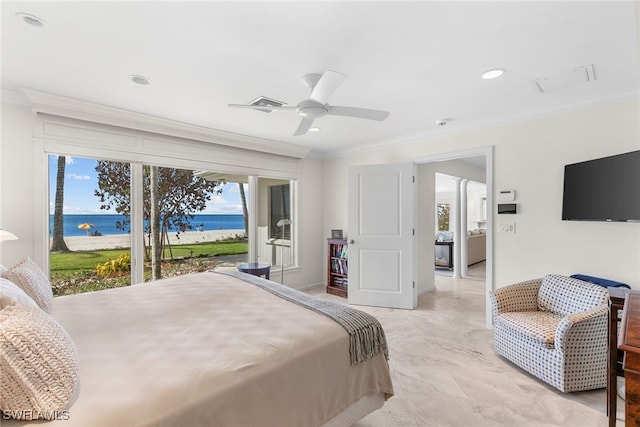 bedroom with multiple windows, a water view, ceiling fan, and crown molding