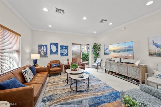 tiled living room featuring ornamental molding