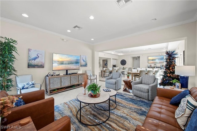 tiled living room featuring ornamental molding