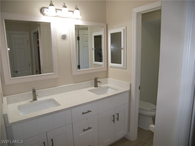 bathroom with vanity, hardwood / wood-style flooring, and toilet