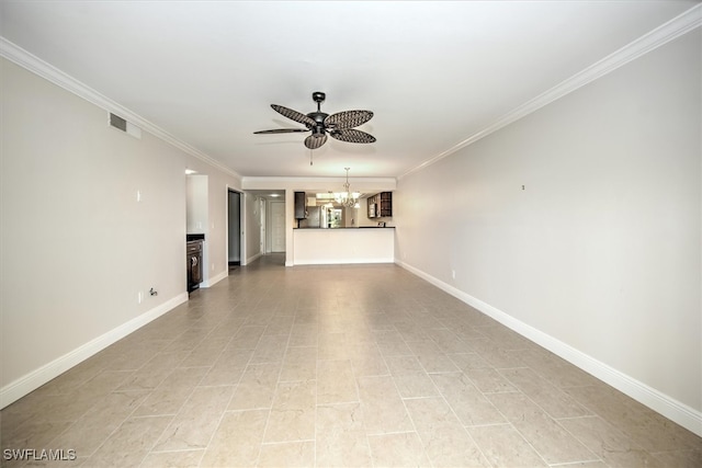 unfurnished living room with crown molding and ceiling fan with notable chandelier