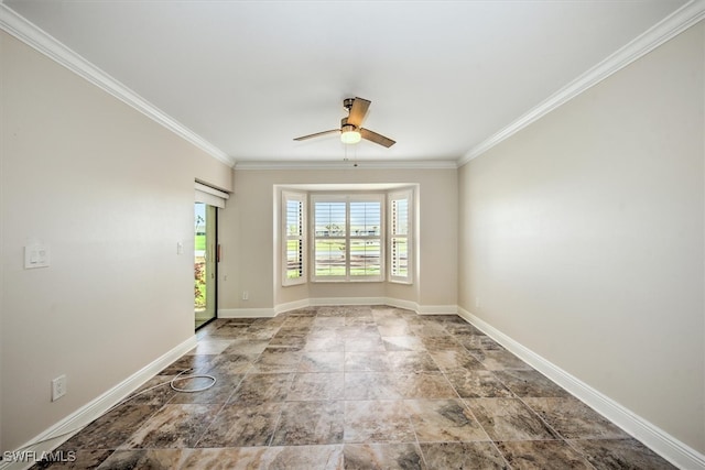 unfurnished room with ceiling fan and crown molding