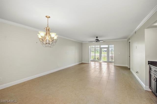 interior space with crown molding and ceiling fan with notable chandelier