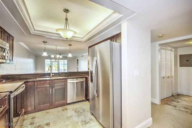 kitchen featuring a raised ceiling, stainless steel appliances, electric panel, pendant lighting, and sink