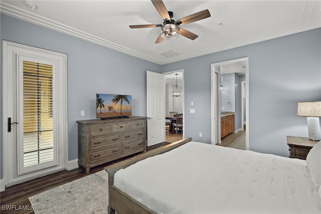 bedroom with ceiling fan with notable chandelier, ornamental molding, ensuite bathroom, and dark wood-type flooring