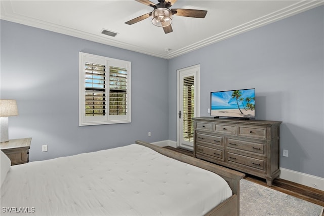 bedroom with hardwood / wood-style floors, access to outside, ceiling fan, and crown molding