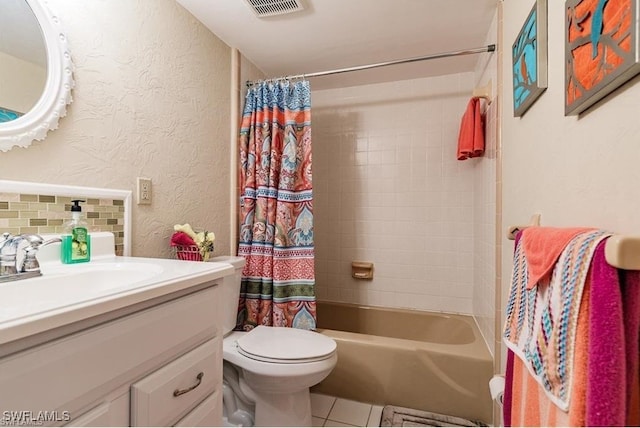 full bathroom with backsplash, vanity, shower / bath combo, tile patterned flooring, and toilet