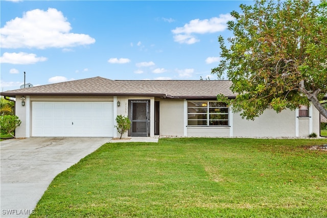 ranch-style home with a front yard and a garage