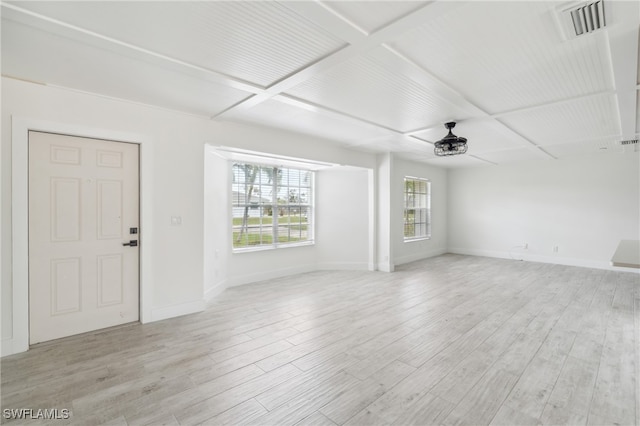 unfurnished living room with ceiling fan, light wood-type flooring, and coffered ceiling