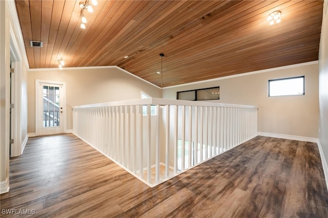 hallway with wood-type flooring, wood ceiling, lofted ceiling, and crown molding