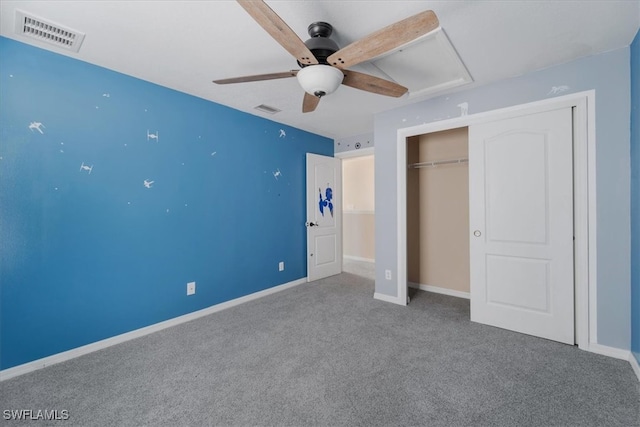 unfurnished bedroom featuring a closet, ceiling fan, and carpet floors