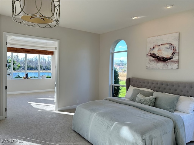 bedroom featuring carpet flooring and a water view