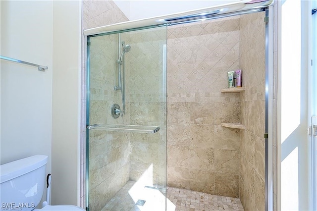 bathroom with toilet and a shower with shower door