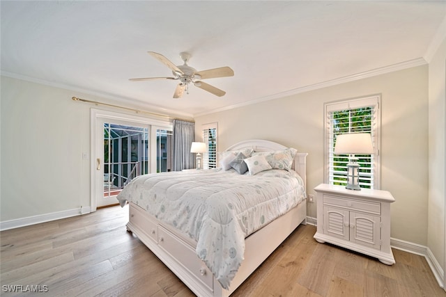 bedroom featuring access to outside, crown molding, ceiling fan, and light wood-type flooring