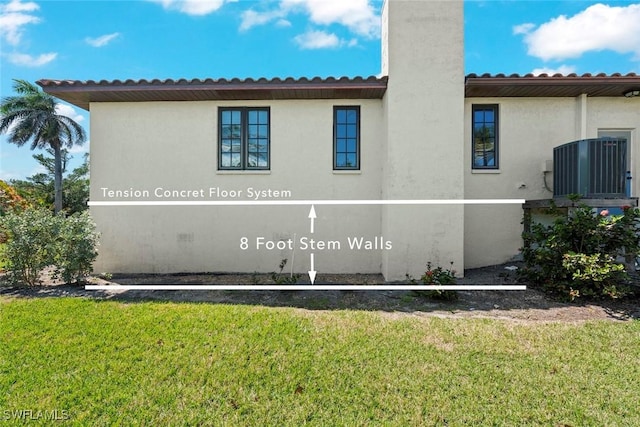 rear view of property with central AC, a lawn, a chimney, and stucco siding