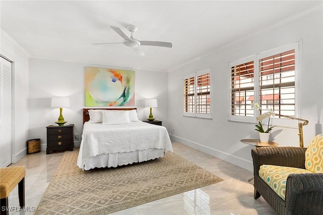 bedroom featuring ornamental molding and ceiling fan