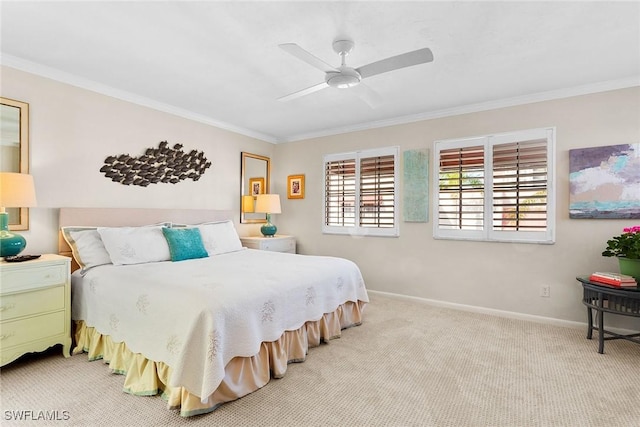 bedroom with light carpet, ornamental molding, and ceiling fan