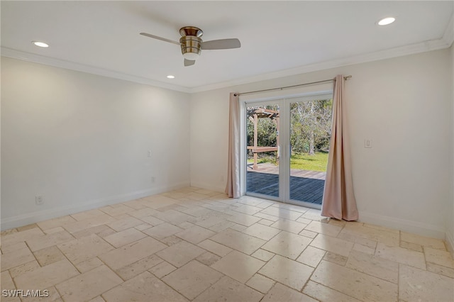 spare room with ceiling fan and crown molding