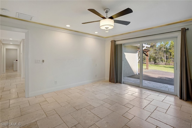 spare room featuring ceiling fan and ornamental molding