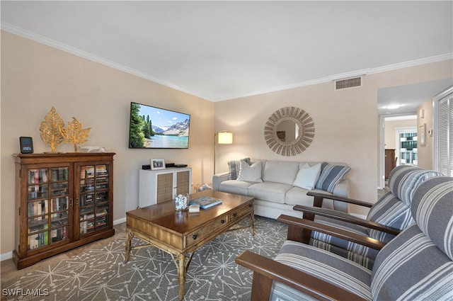 living room featuring ornamental molding