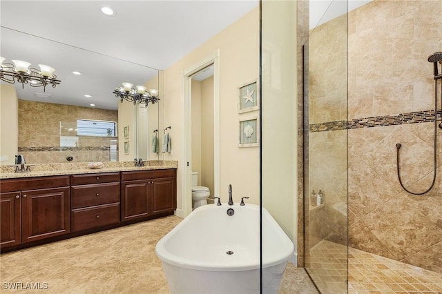 full bathroom with vanity, plus walk in shower, a chandelier, and toilet