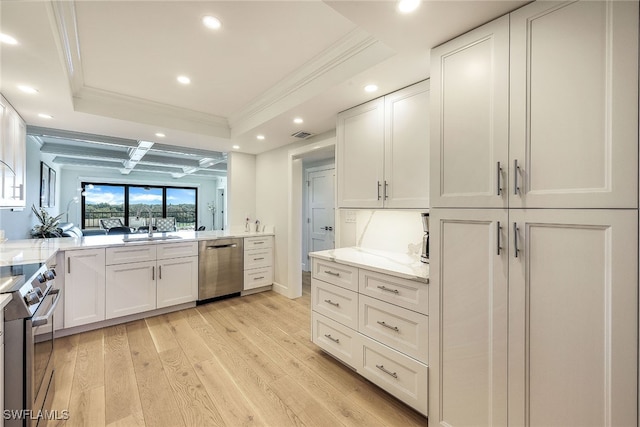 kitchen with stainless steel appliances, light hardwood / wood-style floors, light stone counters, a tray ceiling, and white cabinetry